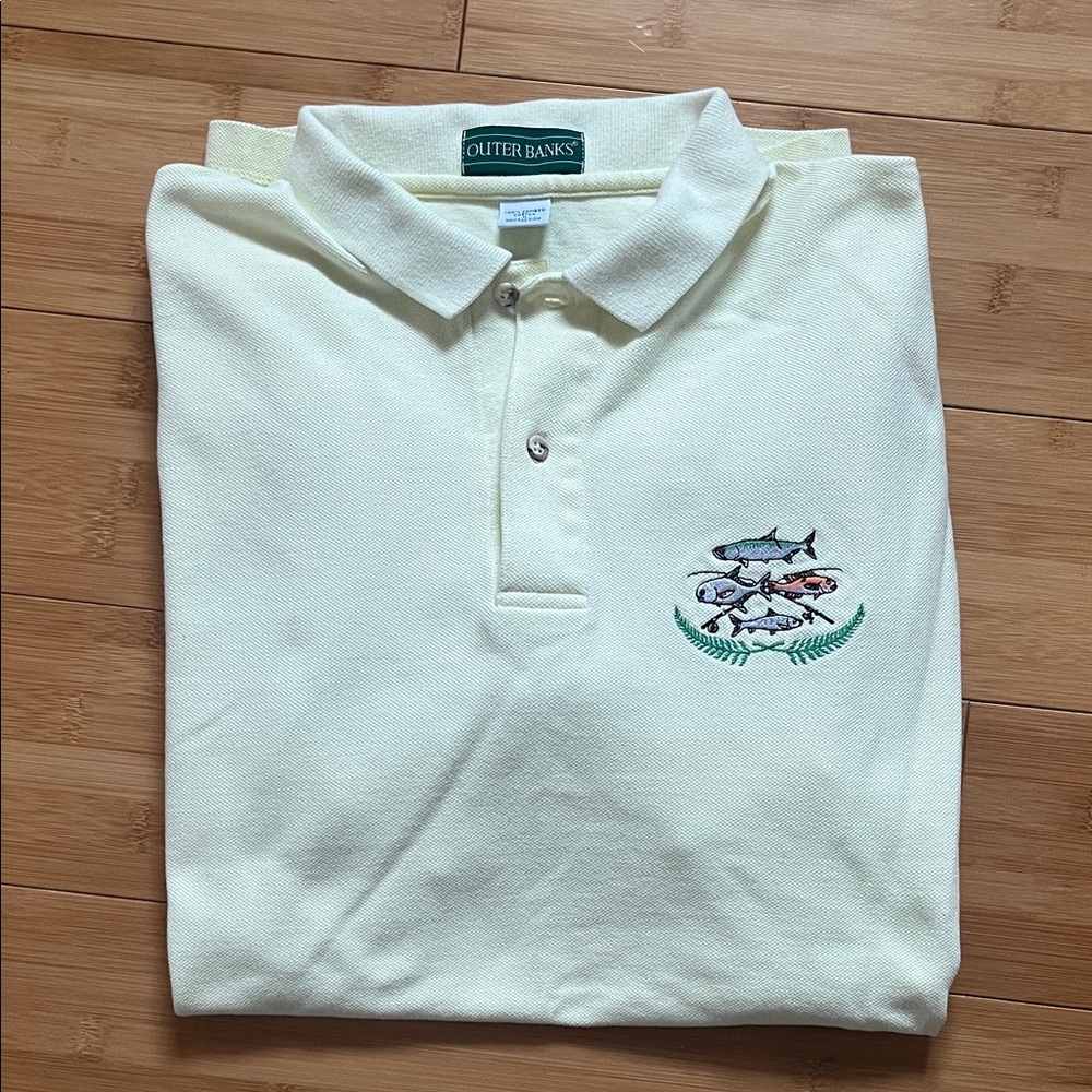 Outer Banks Cream Polo Shirt with Fish Embroidery